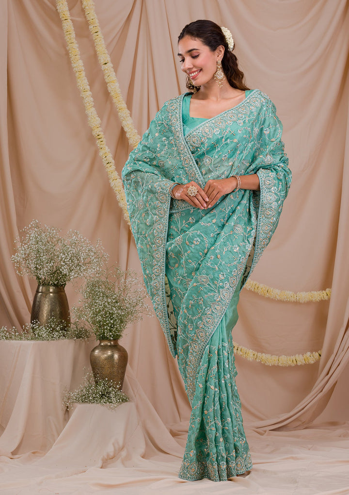 Sea Green Stonework Net Saree-Koskii