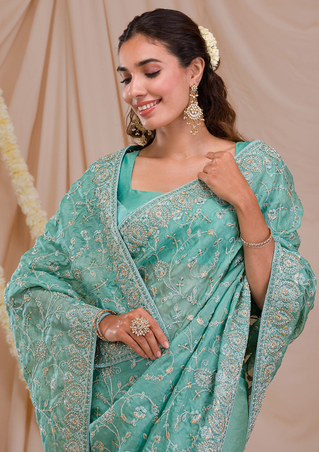 Sea Green Stonework Net Saree-Koskii