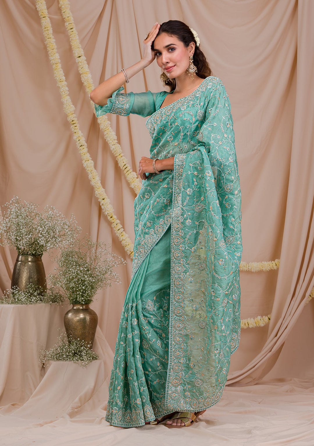 Sea Green Stonework Net Saree-Koskii