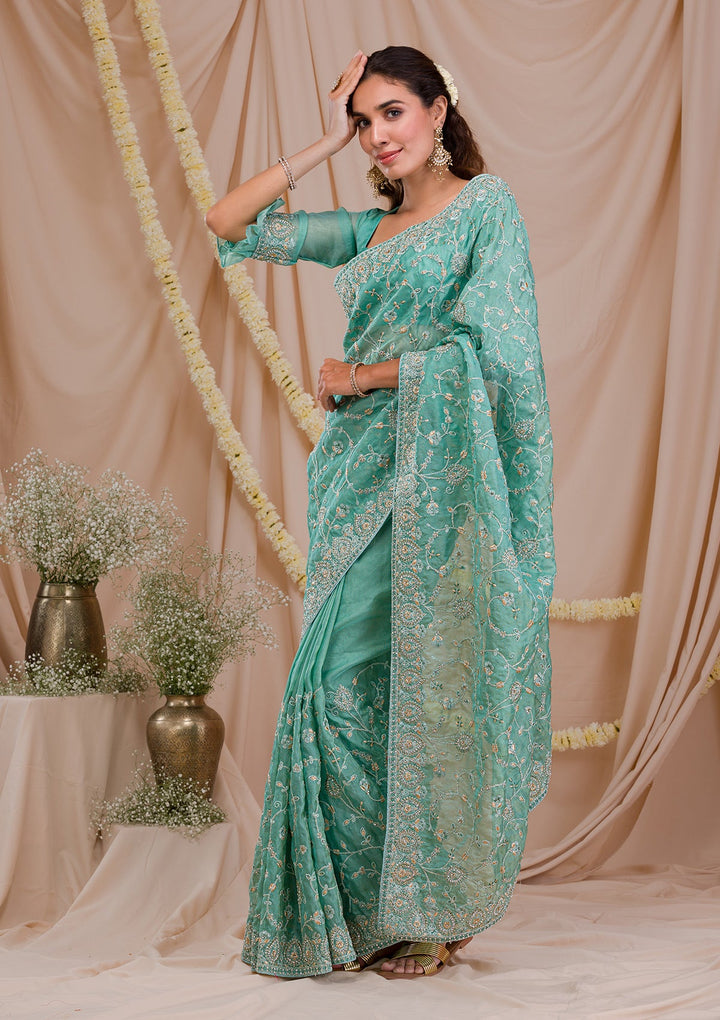 Sea Green Stonework Net Saree-Koskii