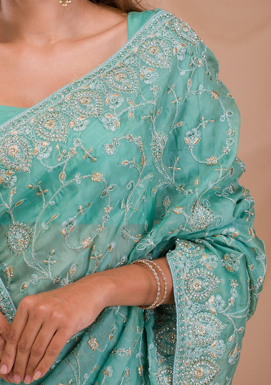 Sea Green Stonework Net Saree-Koskii