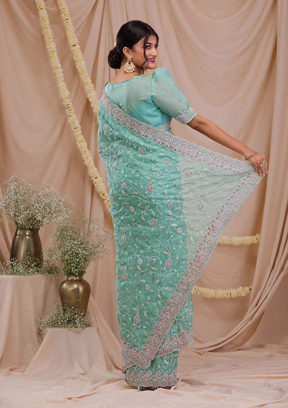 Sea Green Stonework Net Saree-Koskii