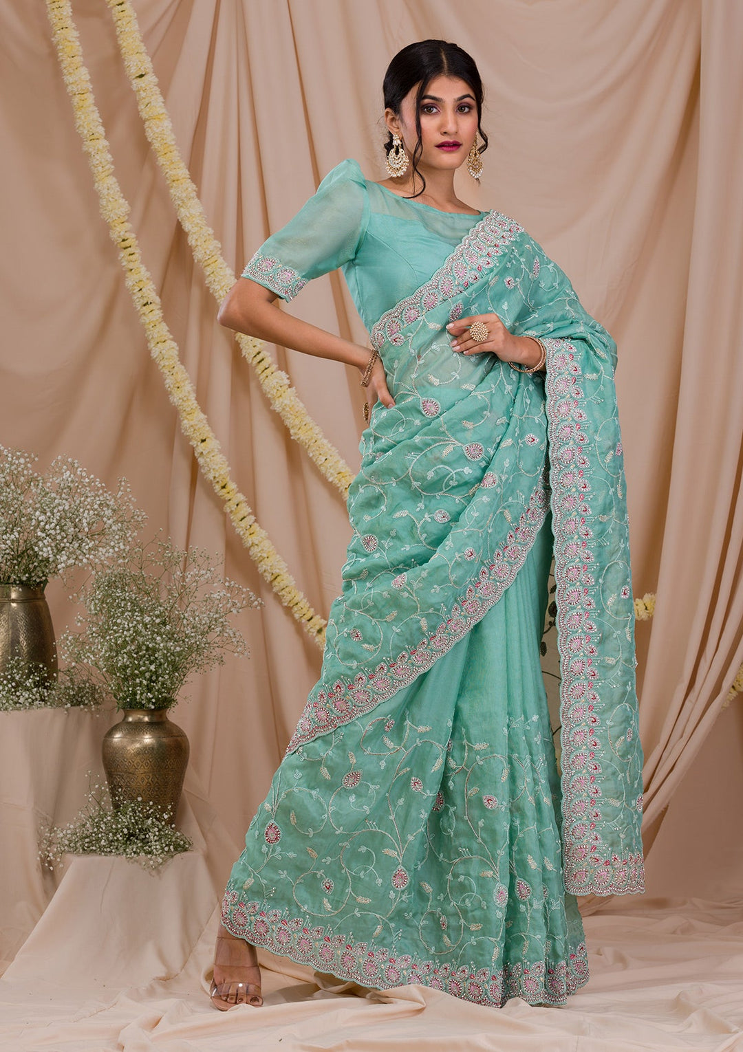 Sea Green Stonework Net Saree-Koskii