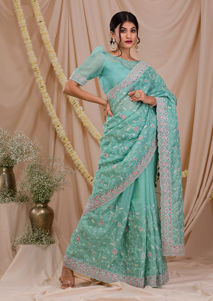 Sea Green Stonework Net Saree-Koskii