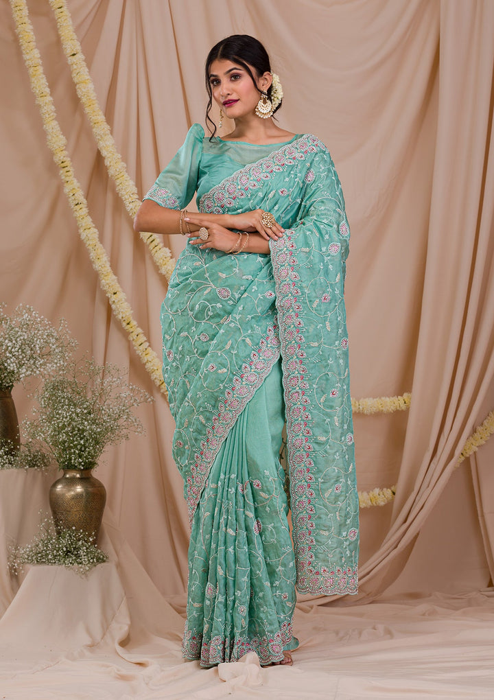 Sea Green Stonework Net Saree-Koskii