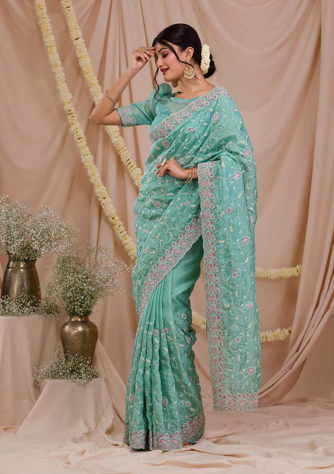 Sea Green Stonework Net Saree-Koskii