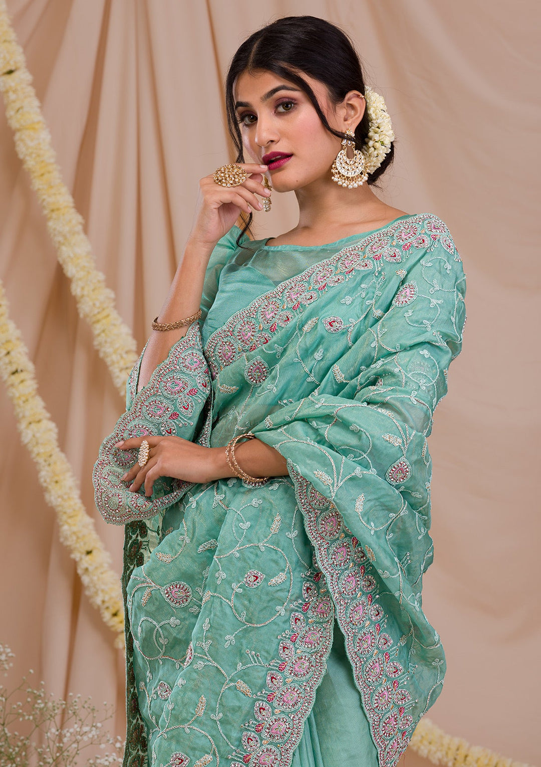 Sea Green Stonework Net Saree-Koskii