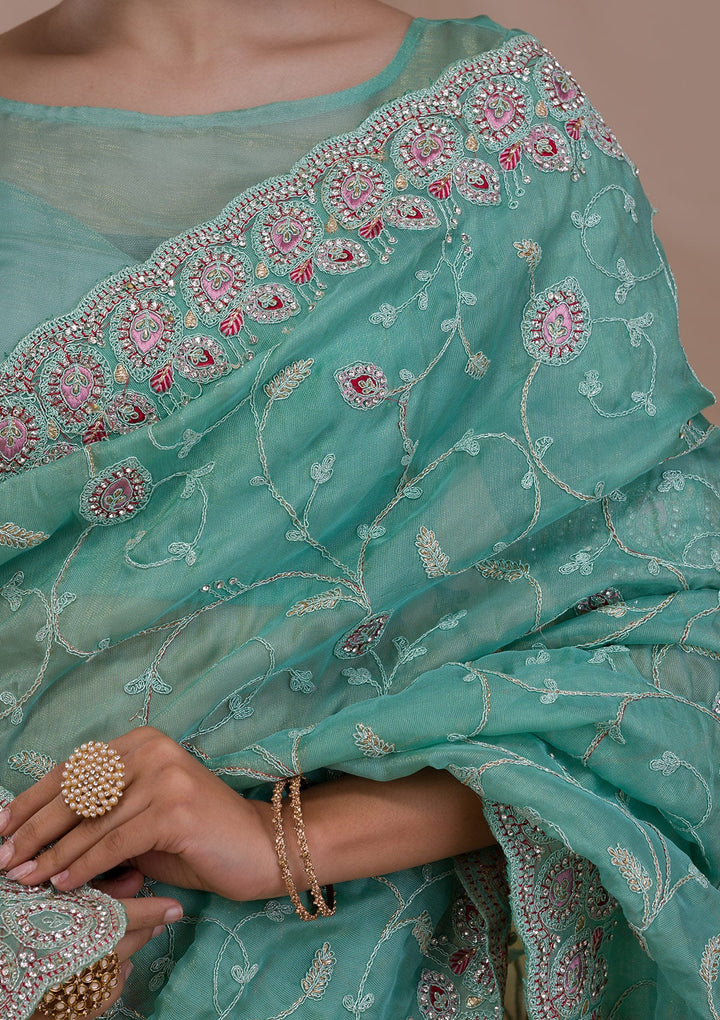 Sea Green Stonework Net Saree-Koskii