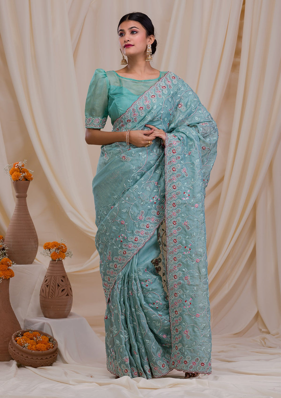 Sea Green Stonework Net Saree-Koskii