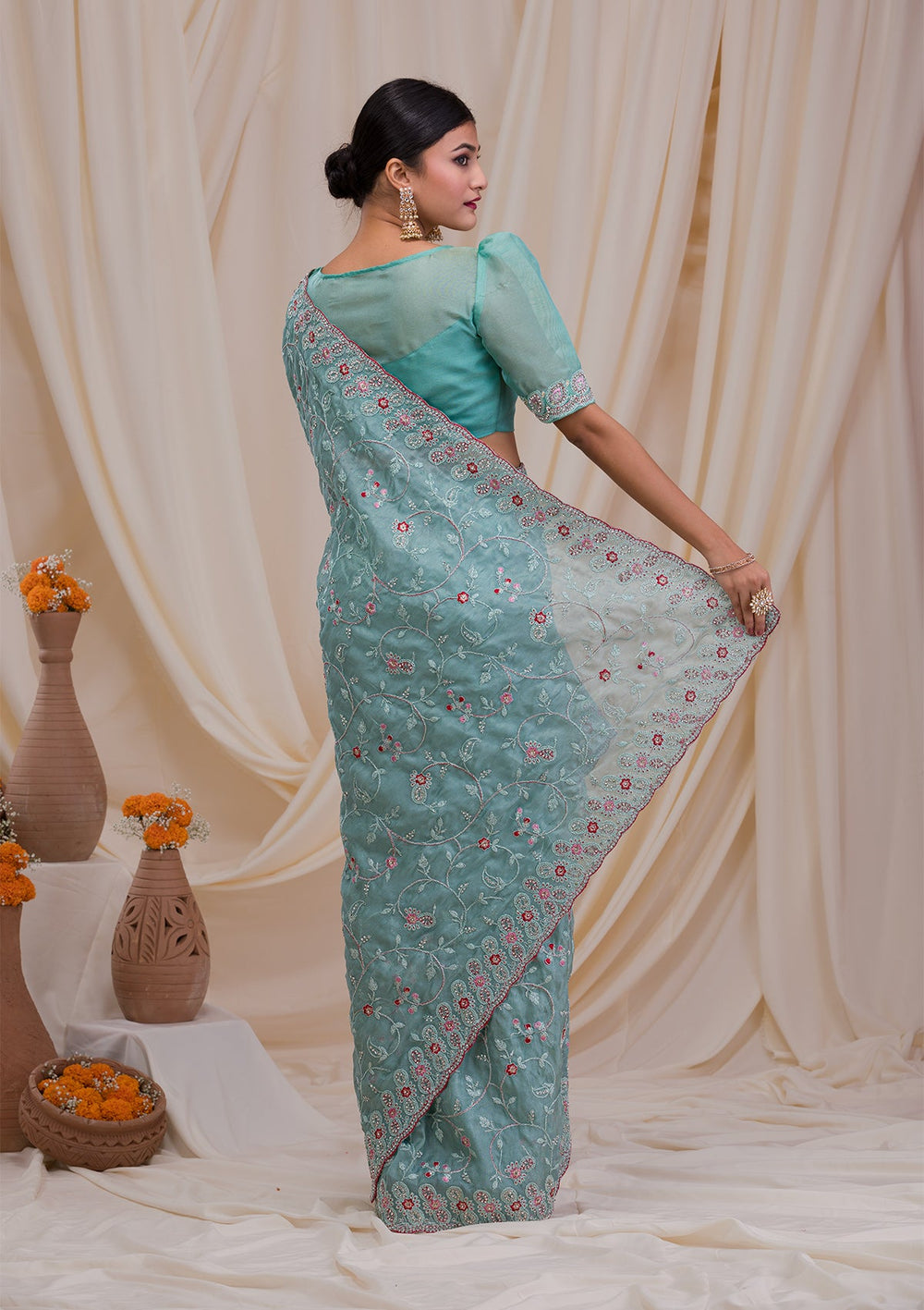 Sea Green Stonework Net Saree-Koskii
