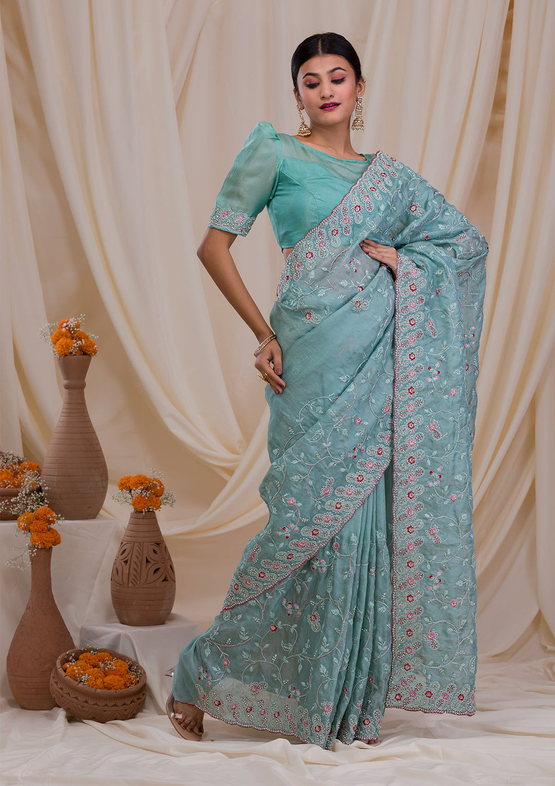 Sea Green Stonework Net Saree-Koskii