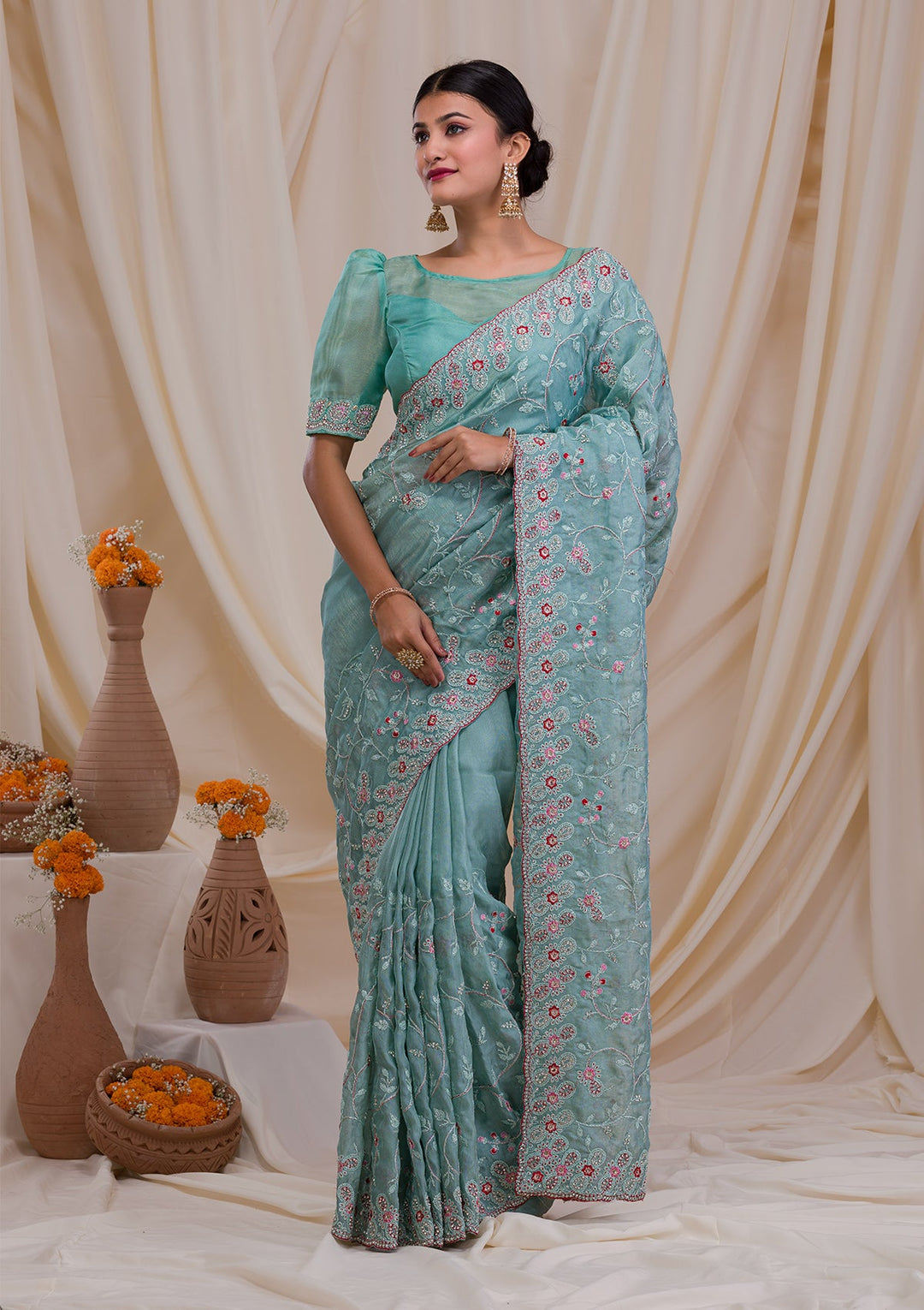 Sea Green Stonework Net Saree-Koskii