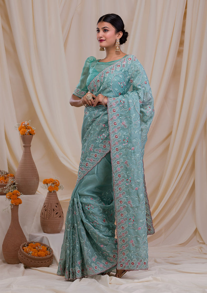 Sea Green Stonework Net Saree-Koskii