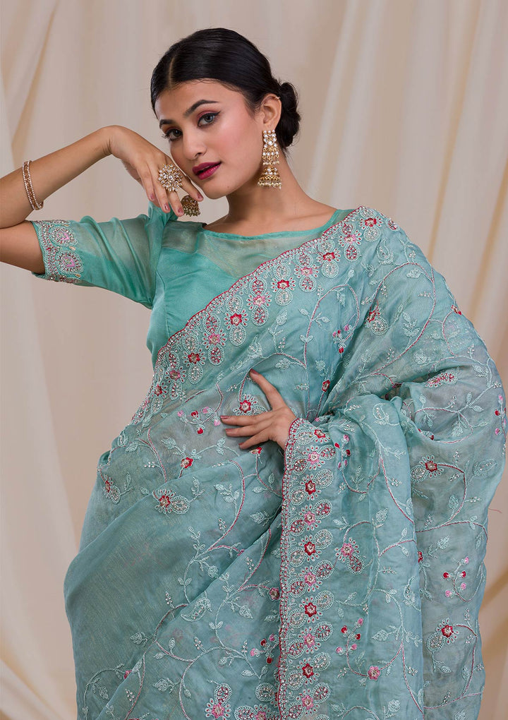 Sea Green Stonework Net Saree-Koskii