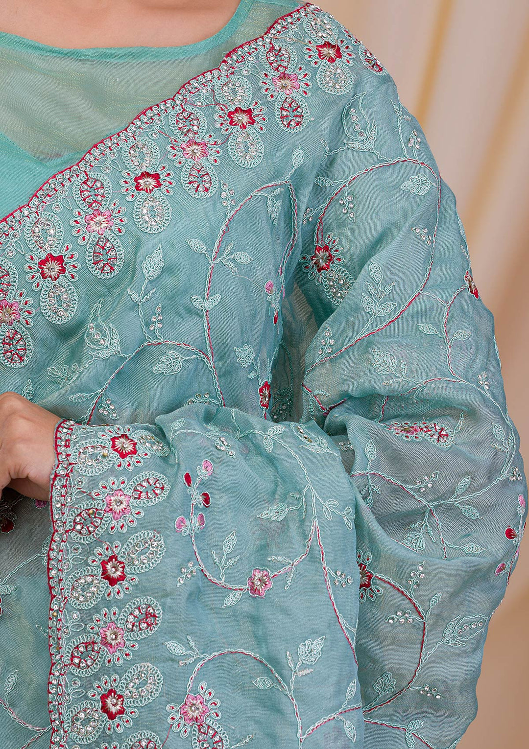Sea Green Stonework Net Saree-Koskii