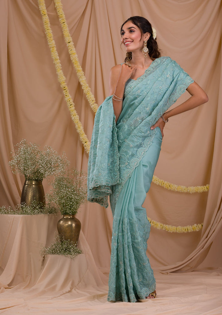 Sea Green Stonework Net Saree-Koskii