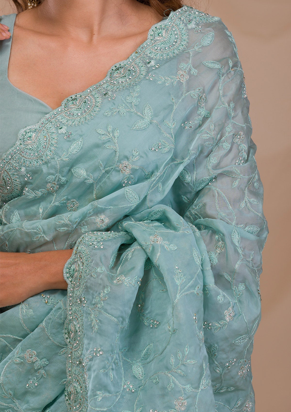 Sea Green Stonework Net Saree-Koskii