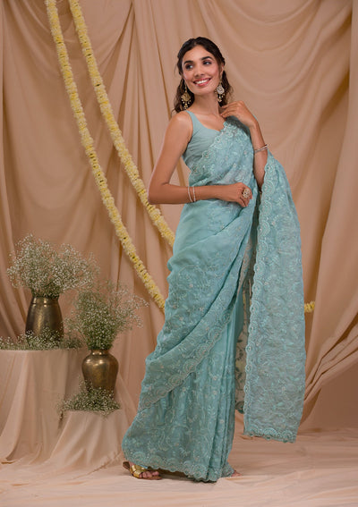 Sea Green Stonework Net Saree-Koskii