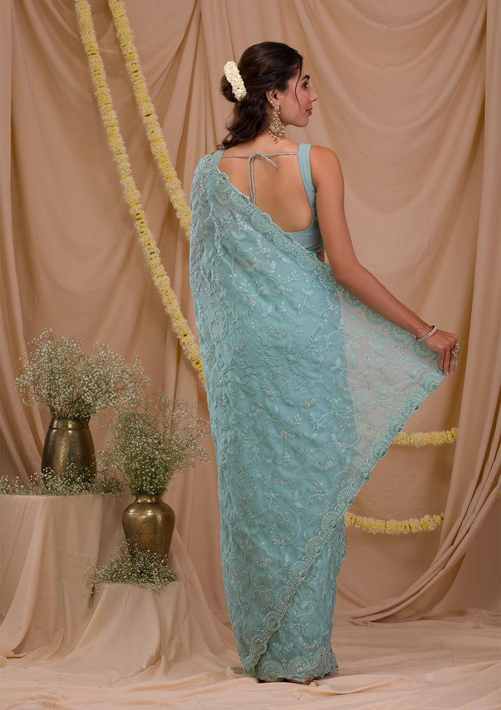 Sea Green Stonework Net Saree-Koskii