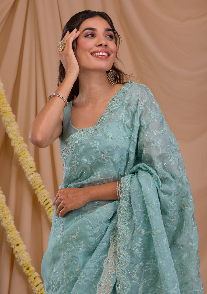 Sea Green Stonework Net Saree-Koskii