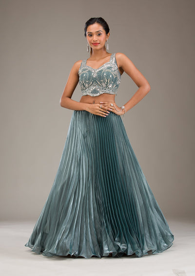 Sea Green Stonework Satin Readymade Lehenga