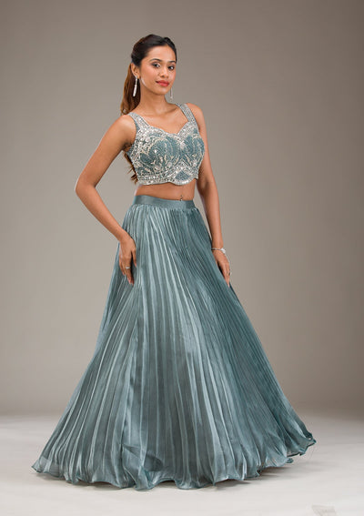 Sea Green Stonework Satin Readymade Lehenga