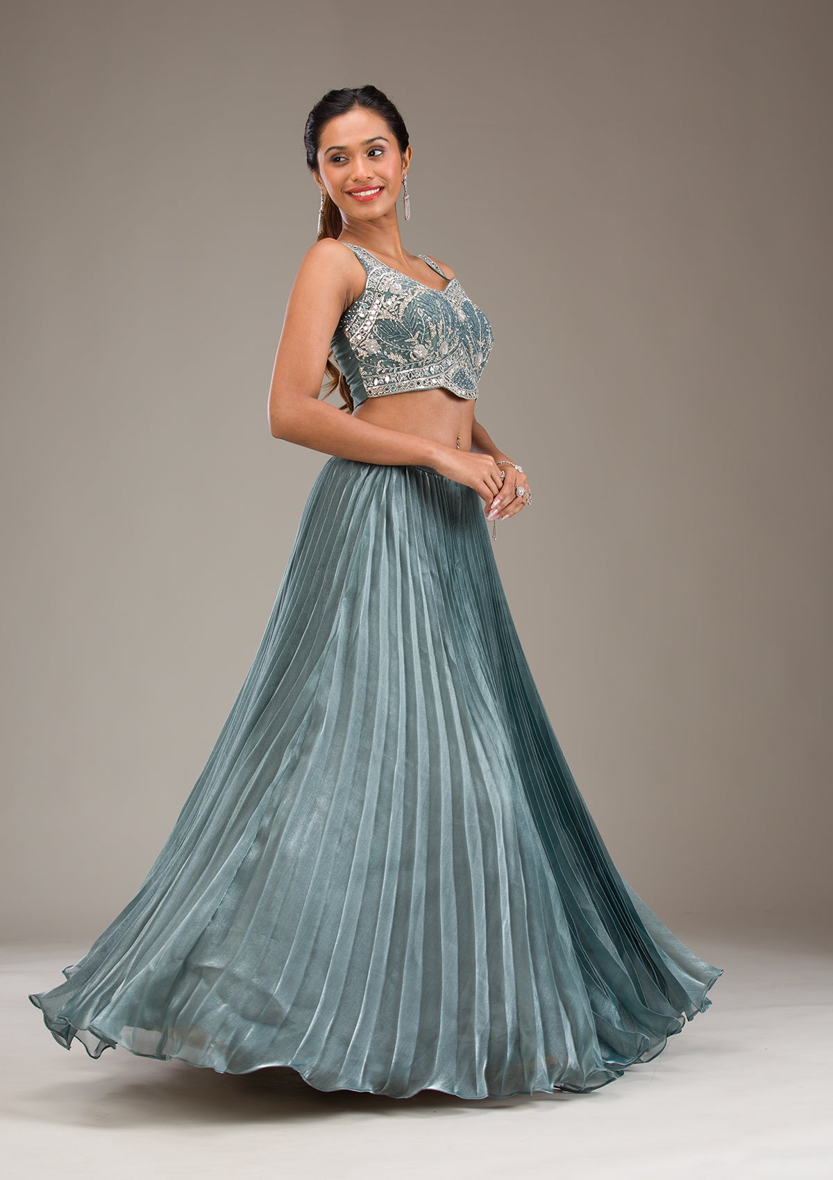 Sea Green Stonework Satin Readymade Lehenga