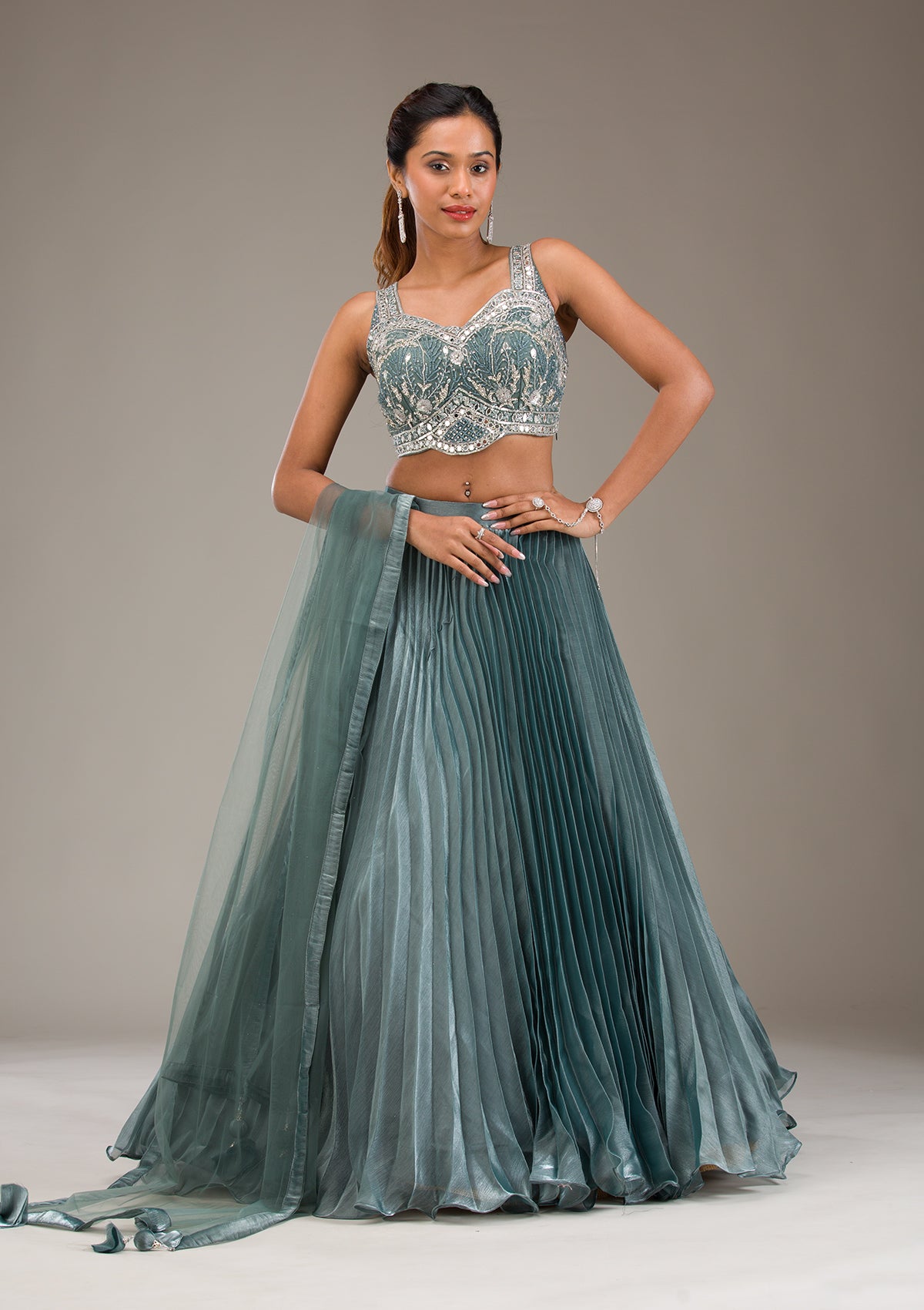 Sea Green Stonework Satin Readymade Lehenga