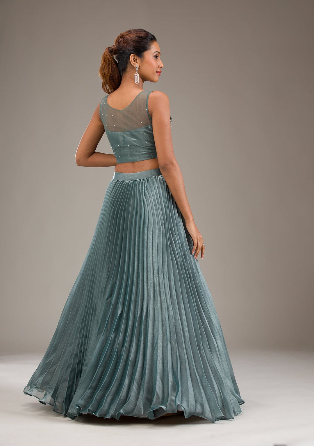 Sea Green Stonework Satin Readymade Lehenga