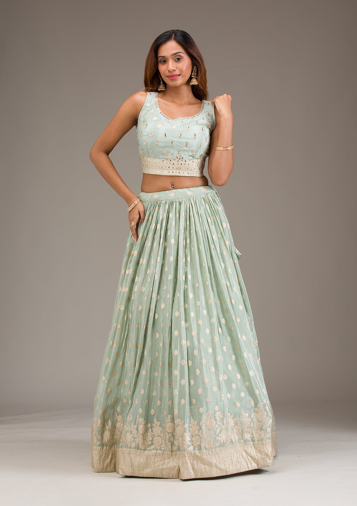 Sea Green Stonework Semi Crepe Readymade Lehenga