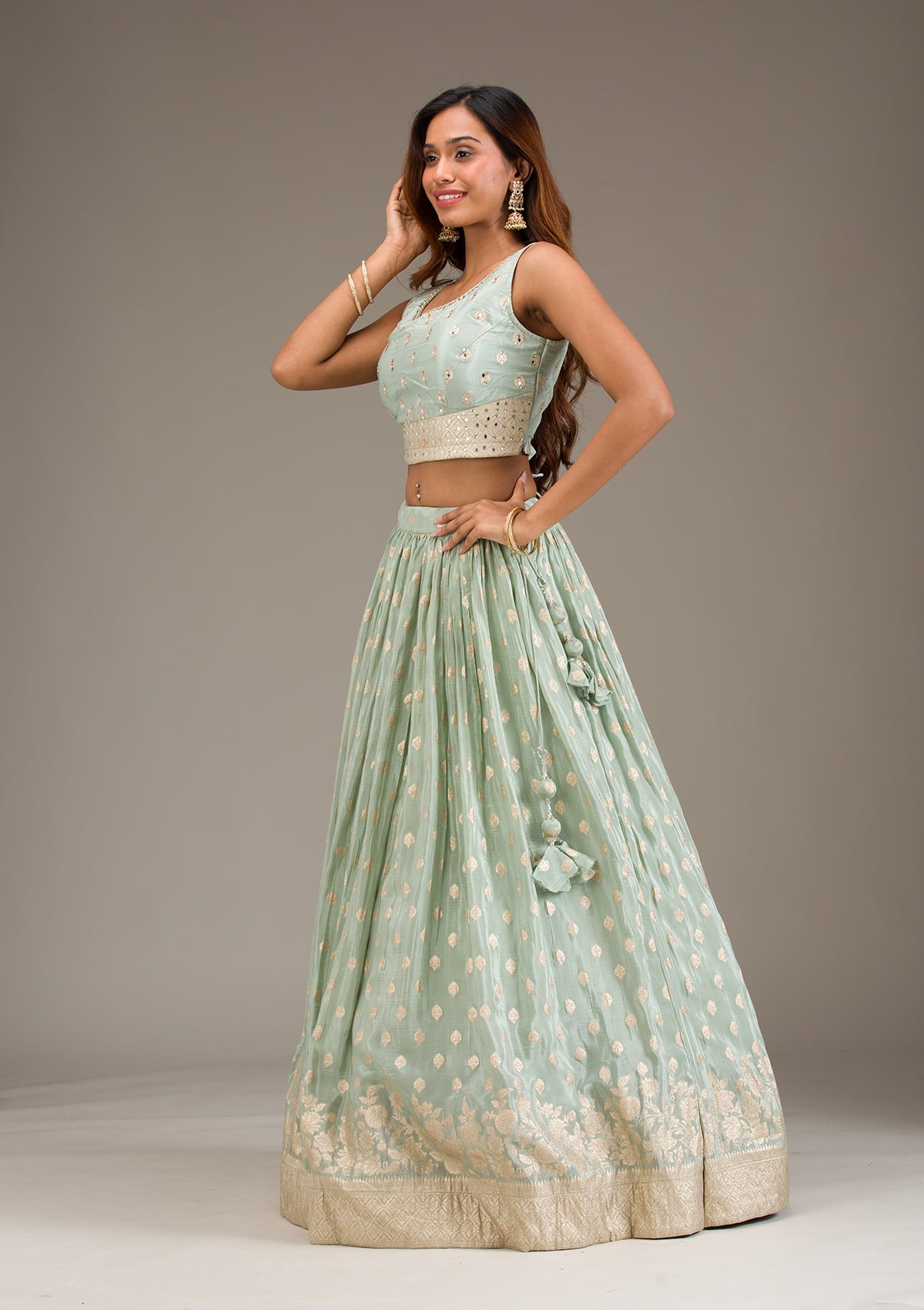 Sea Green Stonework Semi Crepe Readymade Lehenga