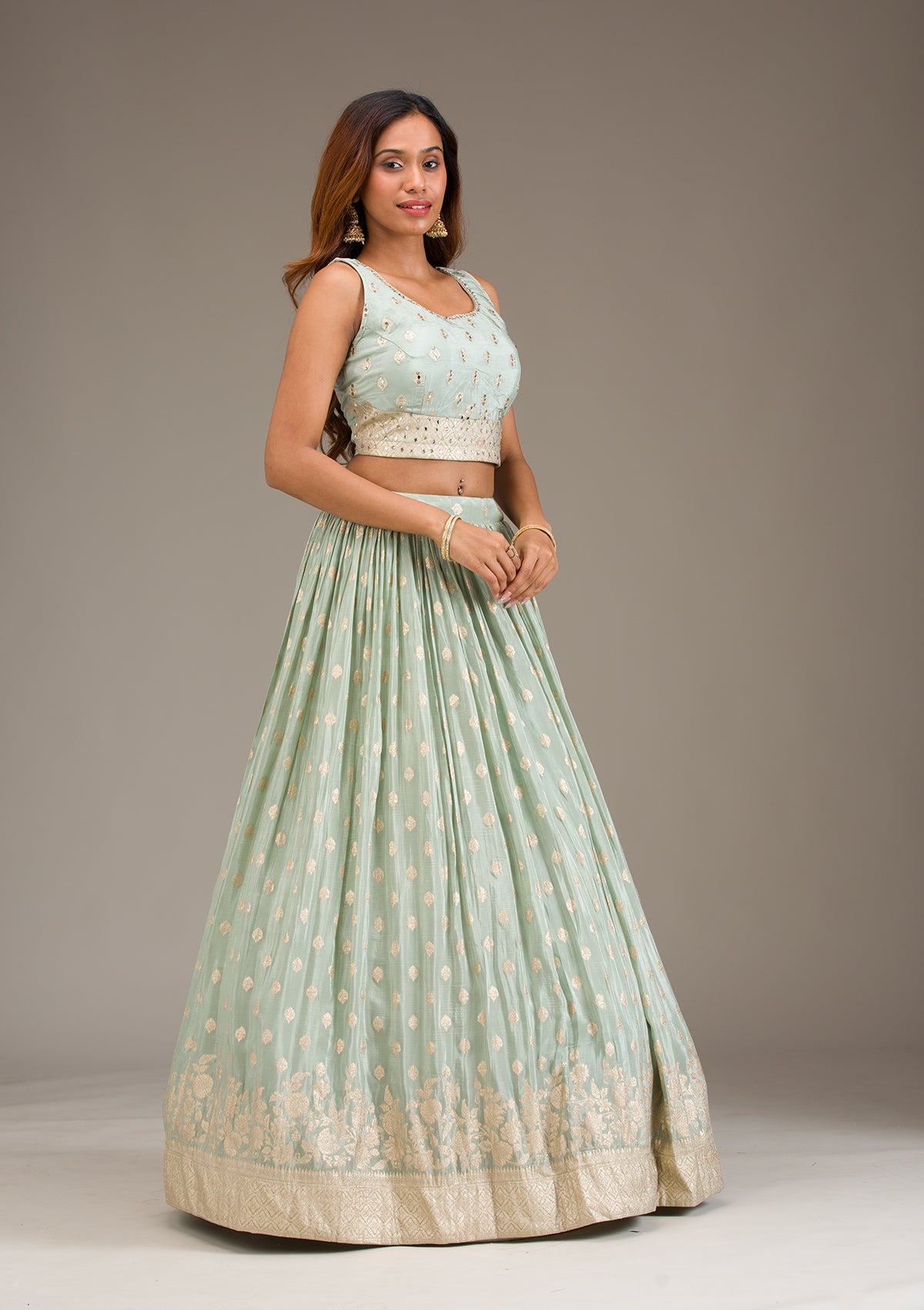 Sea Green Stonework Semi Crepe Readymade Lehenga