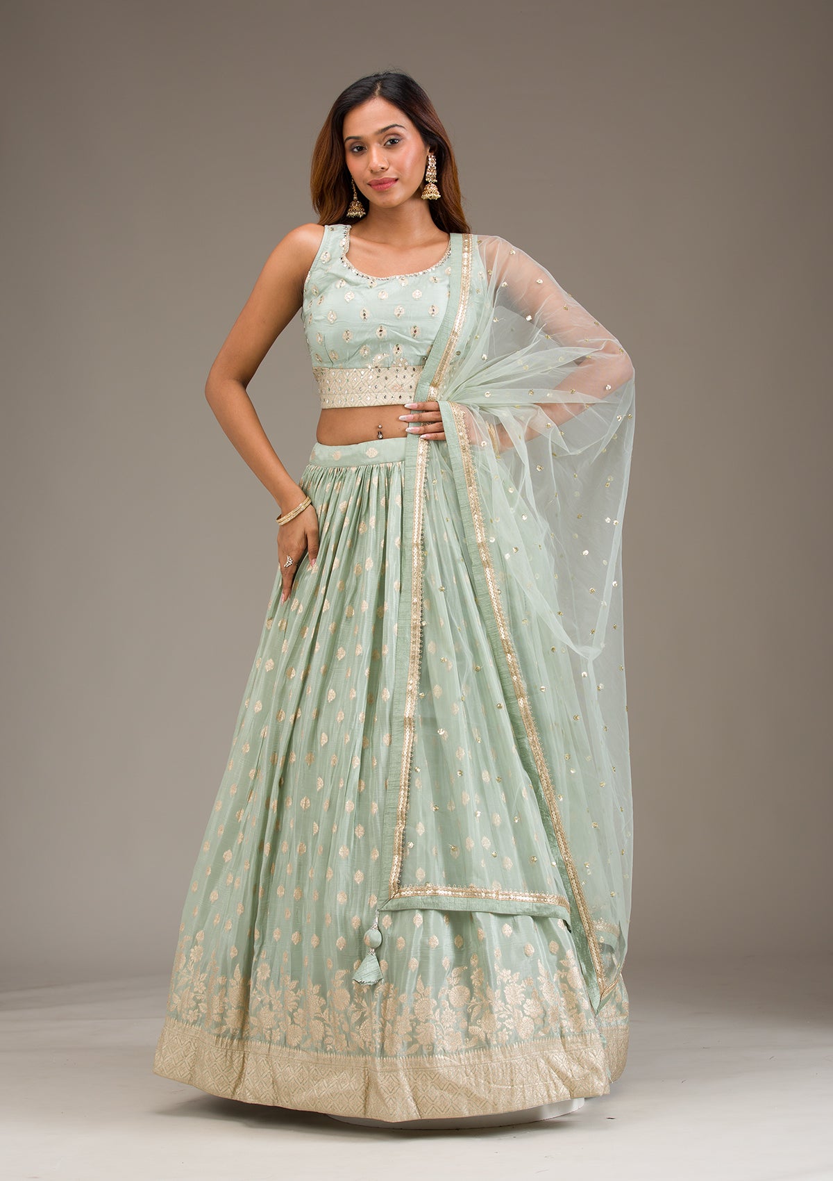 Sea Green Stonework Semi Crepe Readymade Lehenga