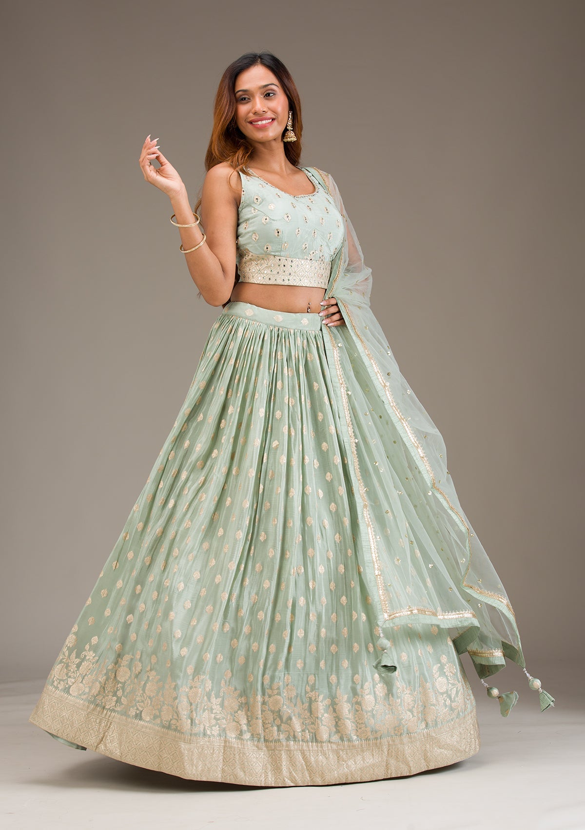 Sea Green Stonework Semi Crepe Readymade Lehenga-Koskii