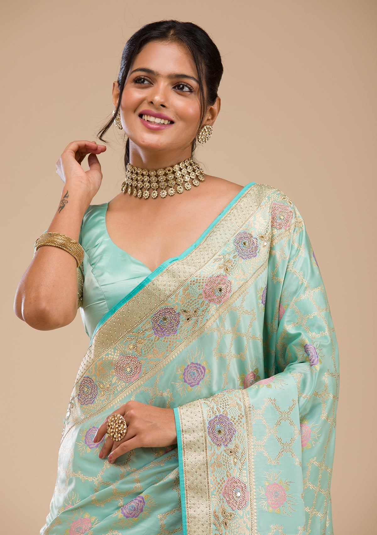 Sea Green Stonework Soft Silk Saree