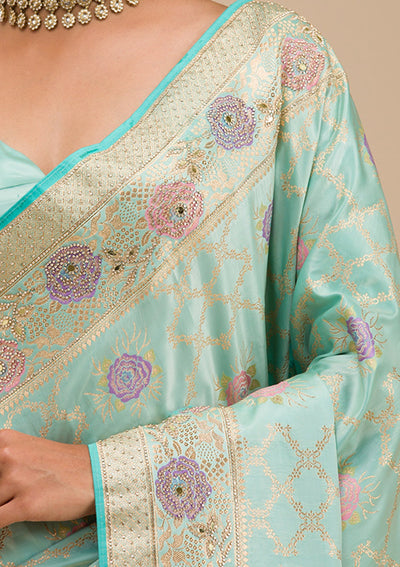 Sea Green Stonework Soft Silk Saree