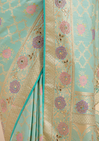 Sea Green Stonework Soft Silk Saree