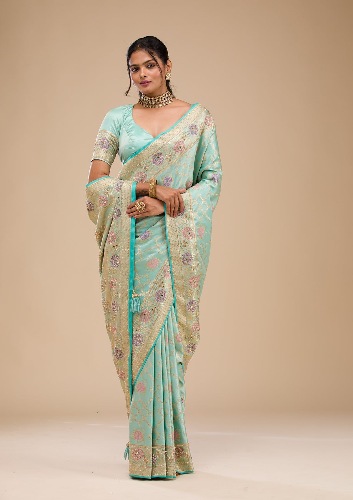 Sea Green Stonework Soft Silk Saree