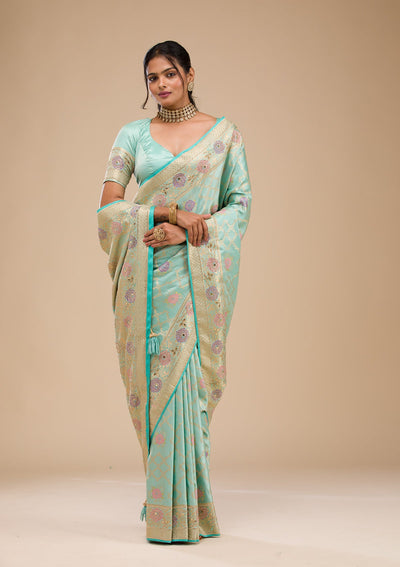 Sea Green Stonework Soft Silk Saree