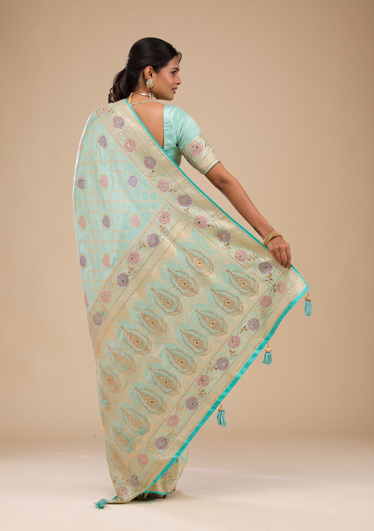 Sea Green Stonework Soft Silk Saree