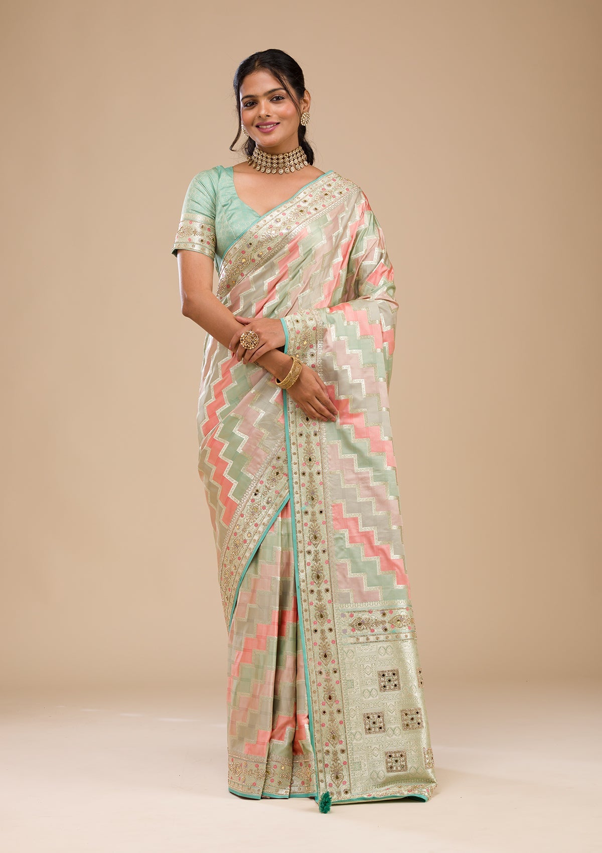 Sea Green Stonework Soft Silk Saree