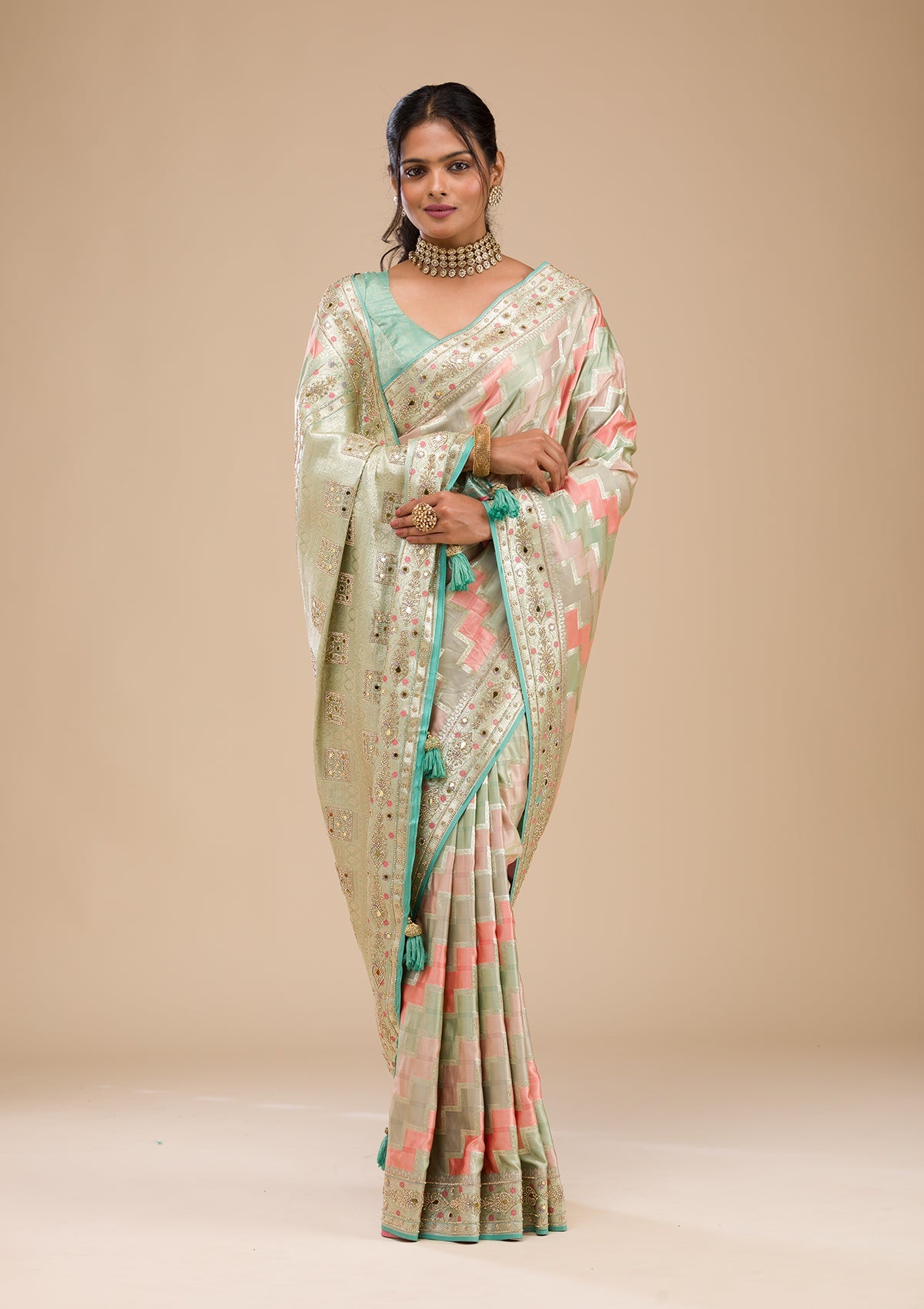 Sea Green Stonework Soft Silk Saree