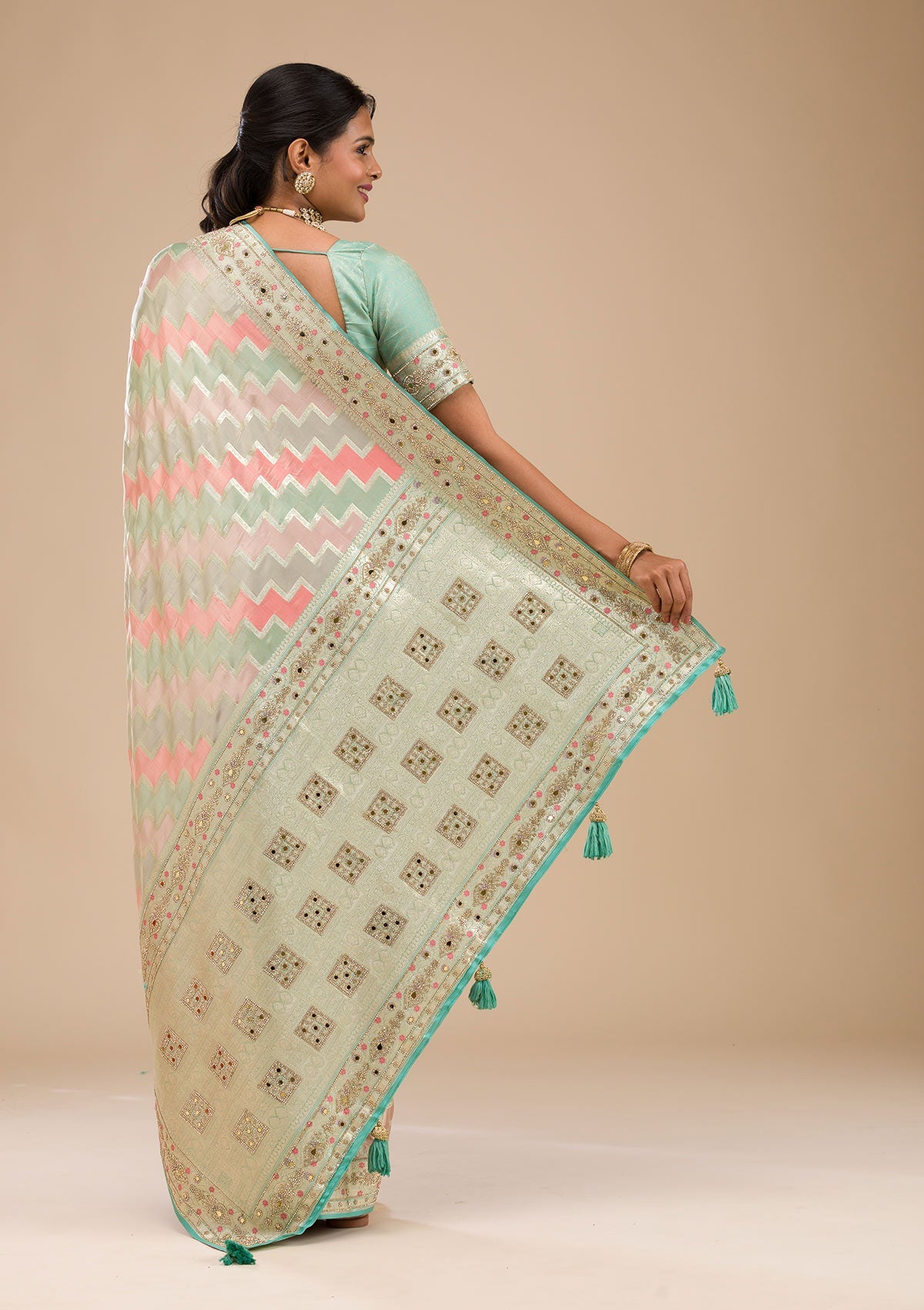 Sea Green Stonework Soft Silk Saree