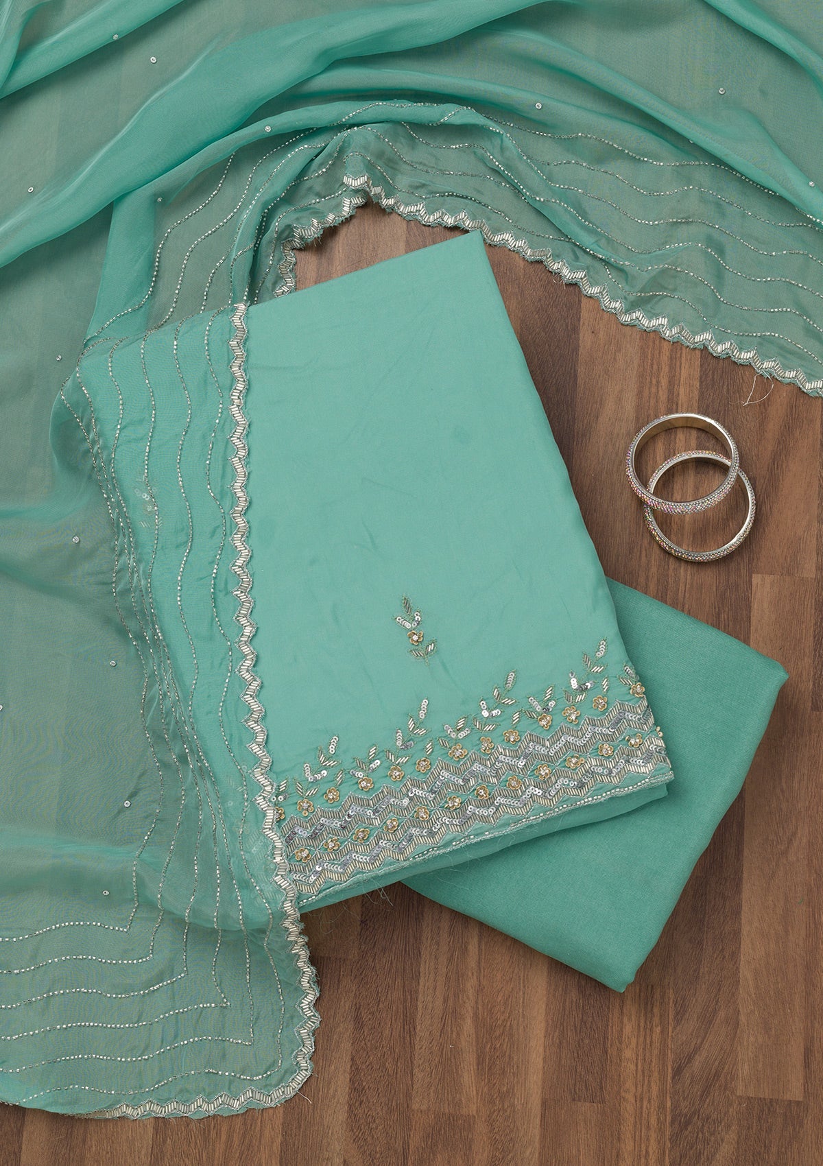 Sea Green Stonework Tissue Unstitched Salwar Suit-Koskii