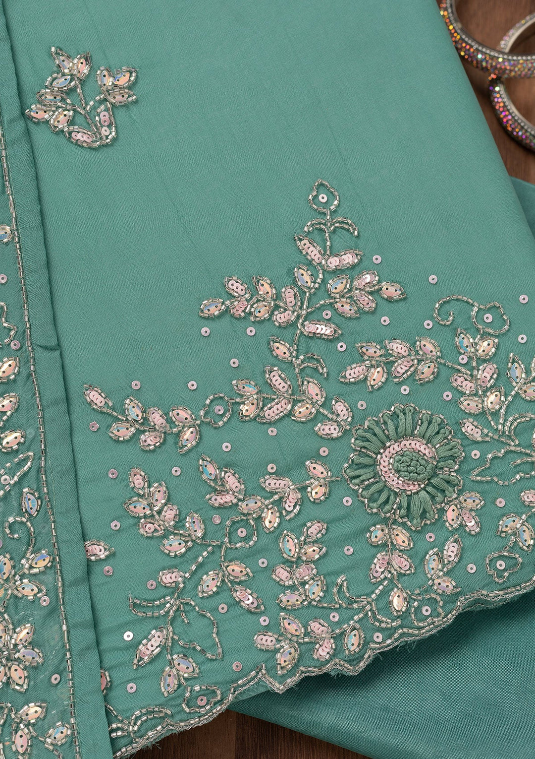 Sea Green Stonework Tissue Unstitched Salwar Suit-Koskii