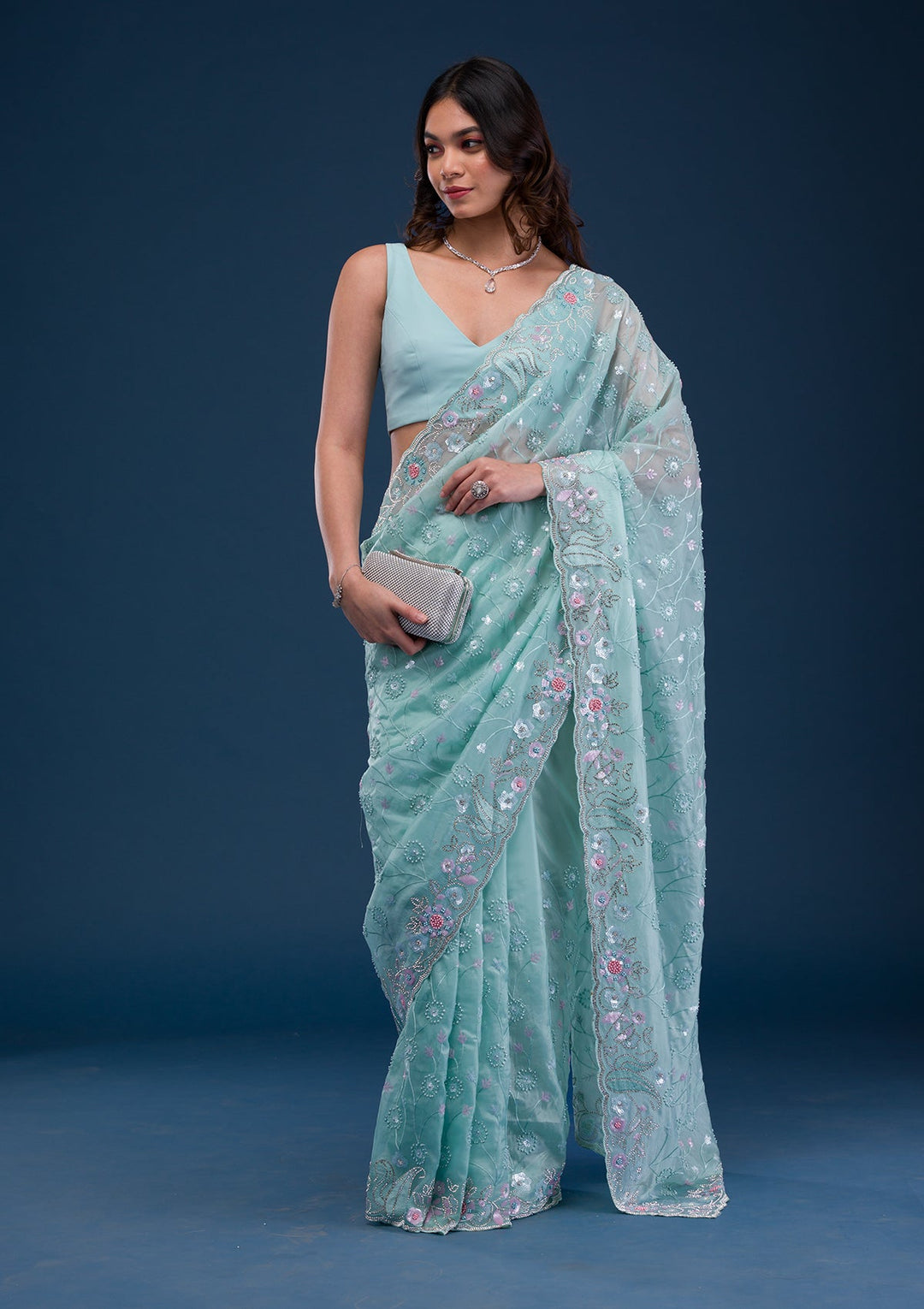 Sea Green Stonework Tissue Saree-Koskii