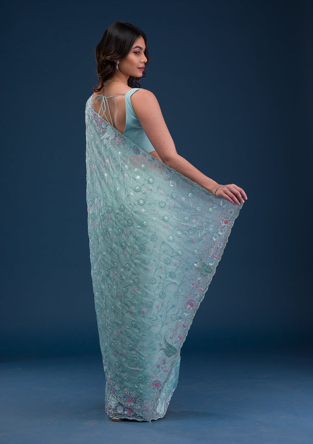 Sea Green Stonework Tissue Saree-Koskii