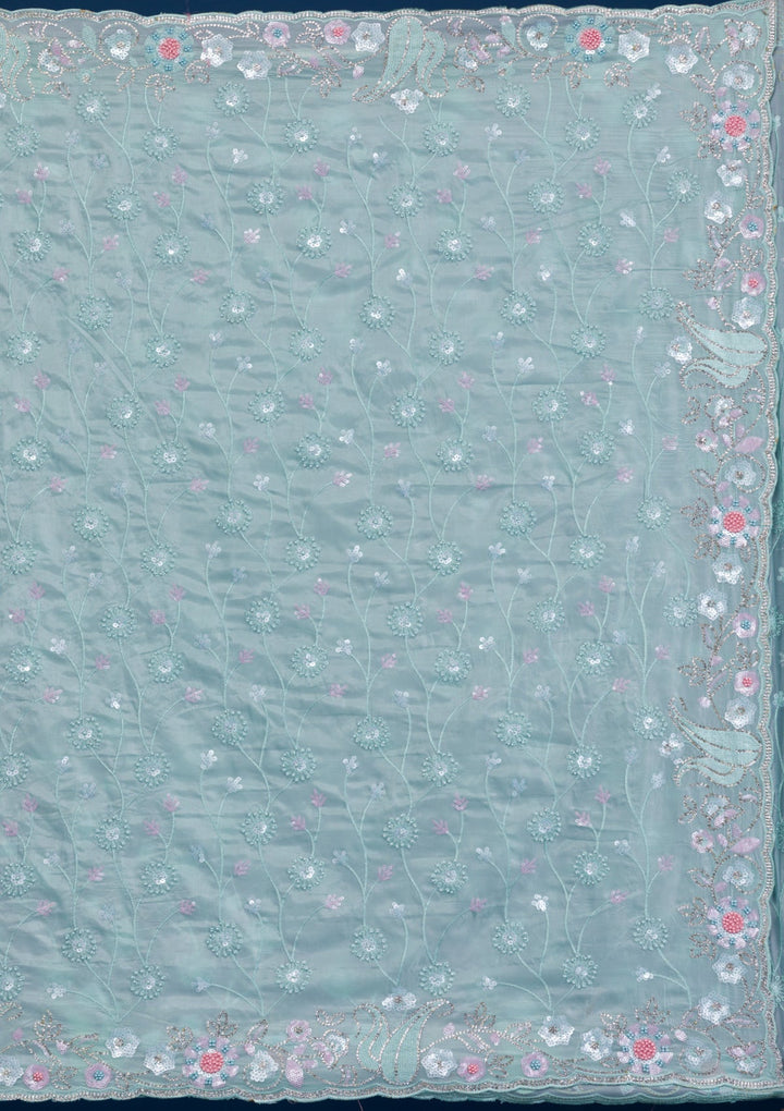 Sea Green Stonework Tissue Saree-Koskii