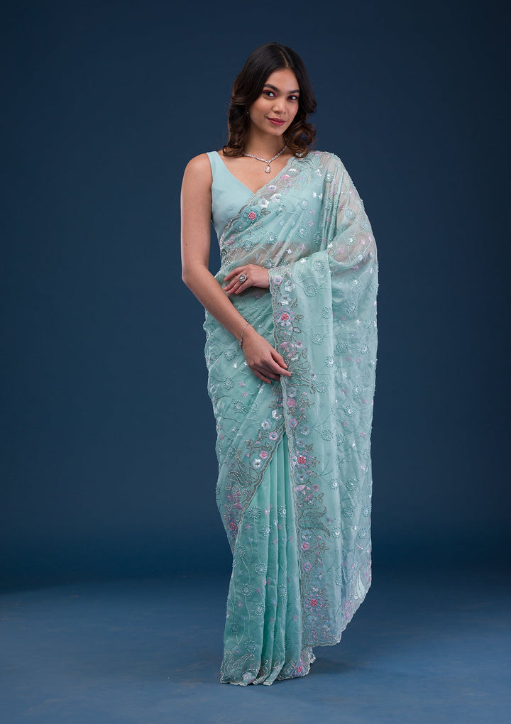 Sea Green Stonework Tissue Saree-Koskii