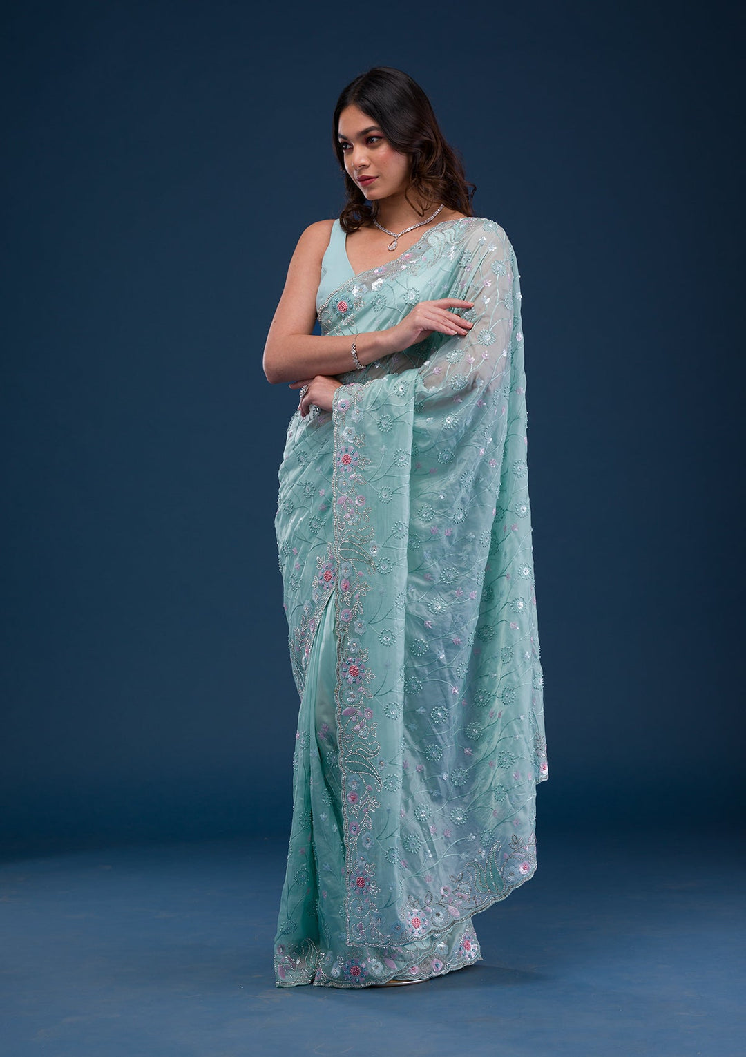 Sea Green Stonework Tissue Saree-Koskii